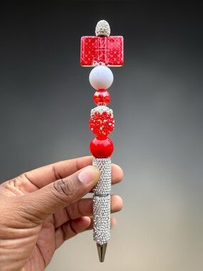 Handcrafted Red & White Crystal Rhinestone Beaded Pendant Pen